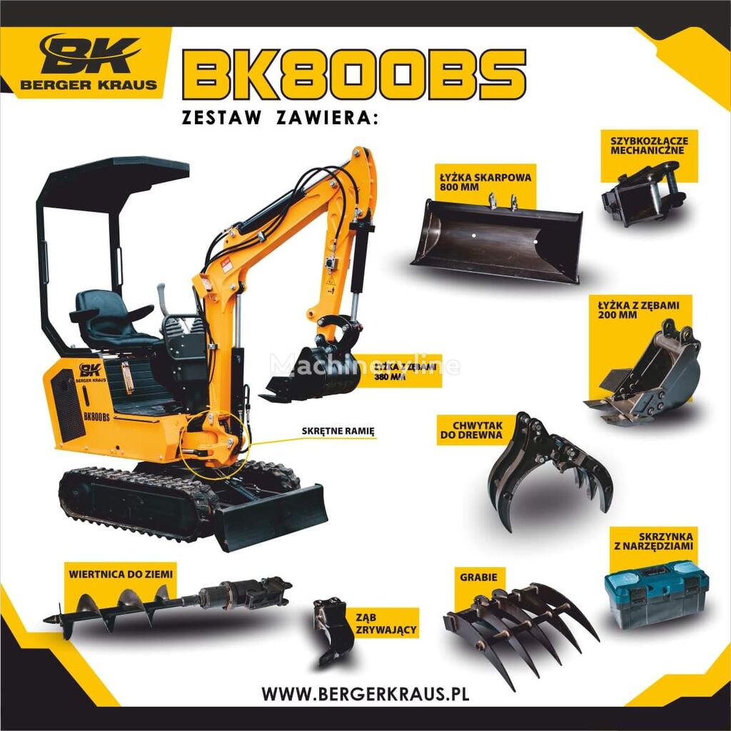 новый мини-экскаватор Berger Kraus Mini Excavator BK800BS torsion arm with FULL equipment